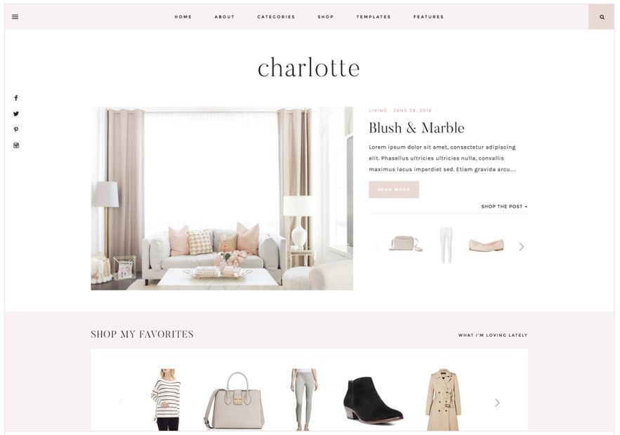 The best feminine WordPress themes for bloggers: Charlotte by 17th Avenue