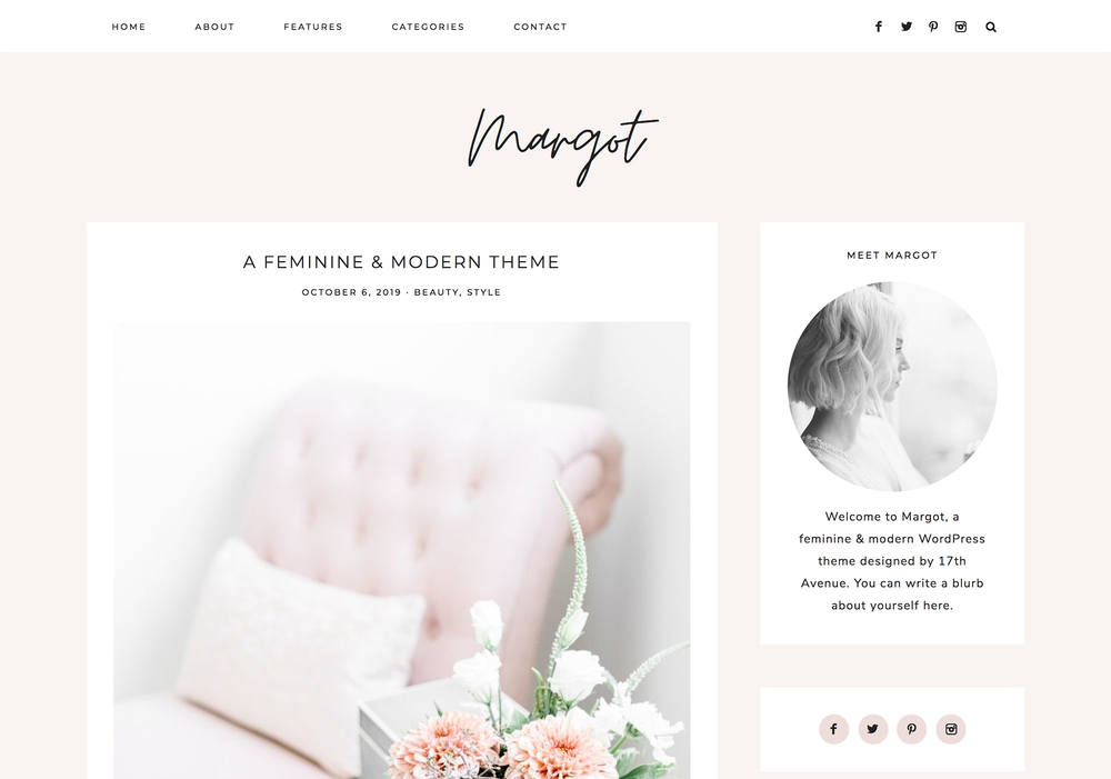 The best feminine WordPress themes for bloggers: Margot by 17th Avenue