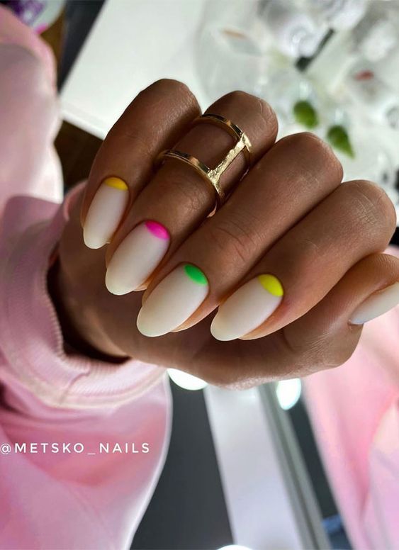 White and colorful half moon nails