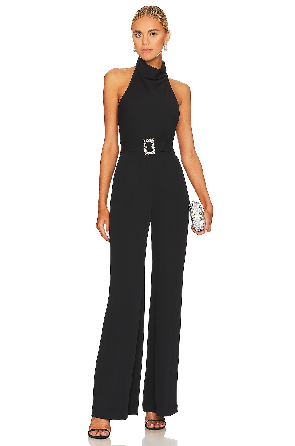 Chic black wedding guest jumpsuit with belt