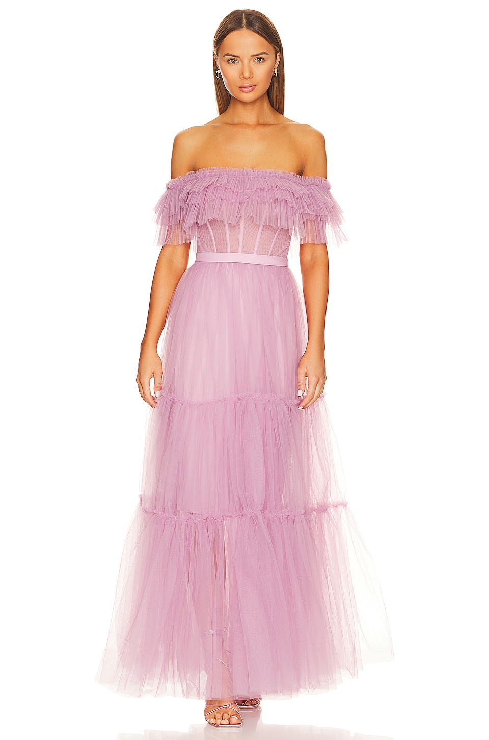 BCBGMAXAZRIA Off Shoulder Tiered Tulle Gown