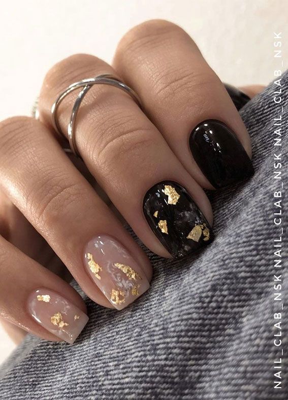 Short nude and black gold foil nails