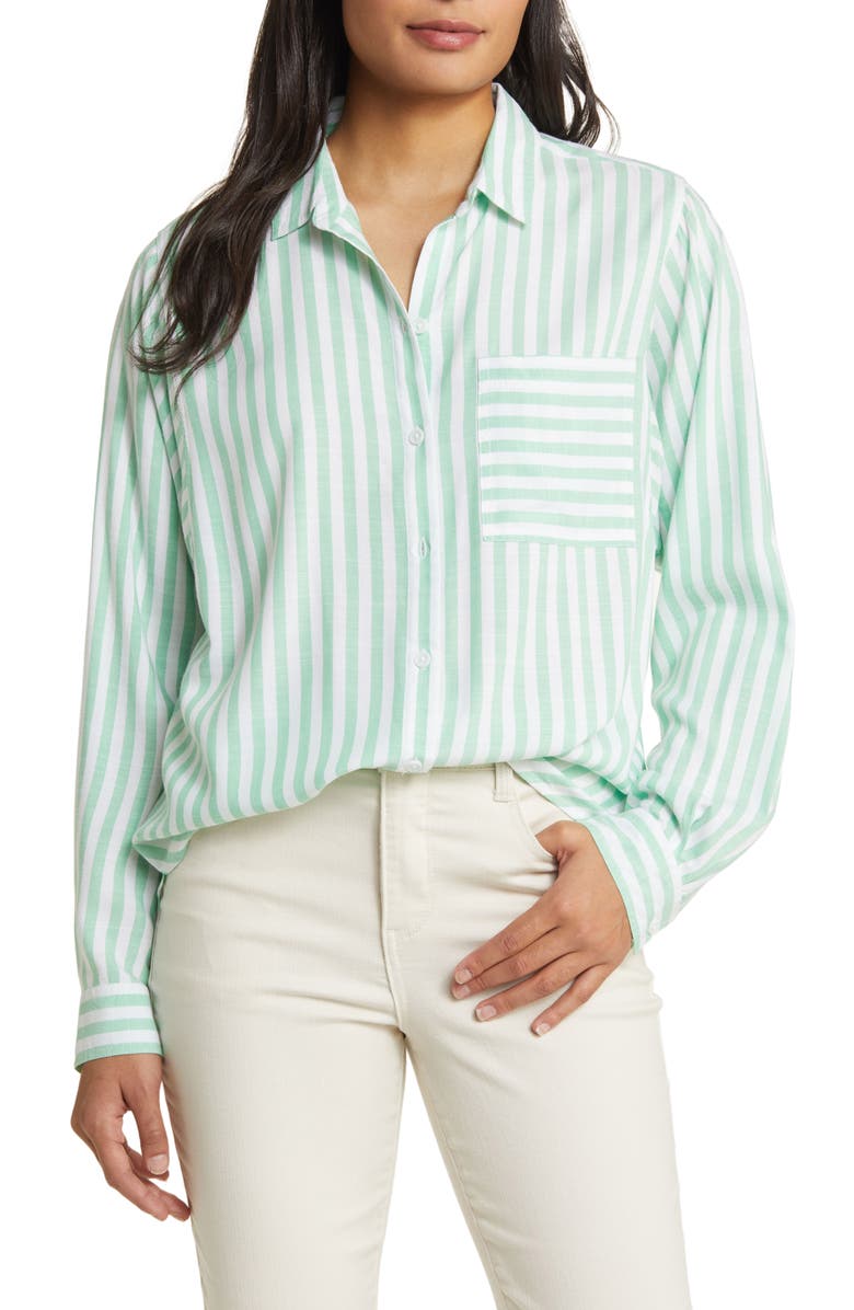 Green and white Beachlunchlounge Maelyn Stripe Button-Up Shirt 