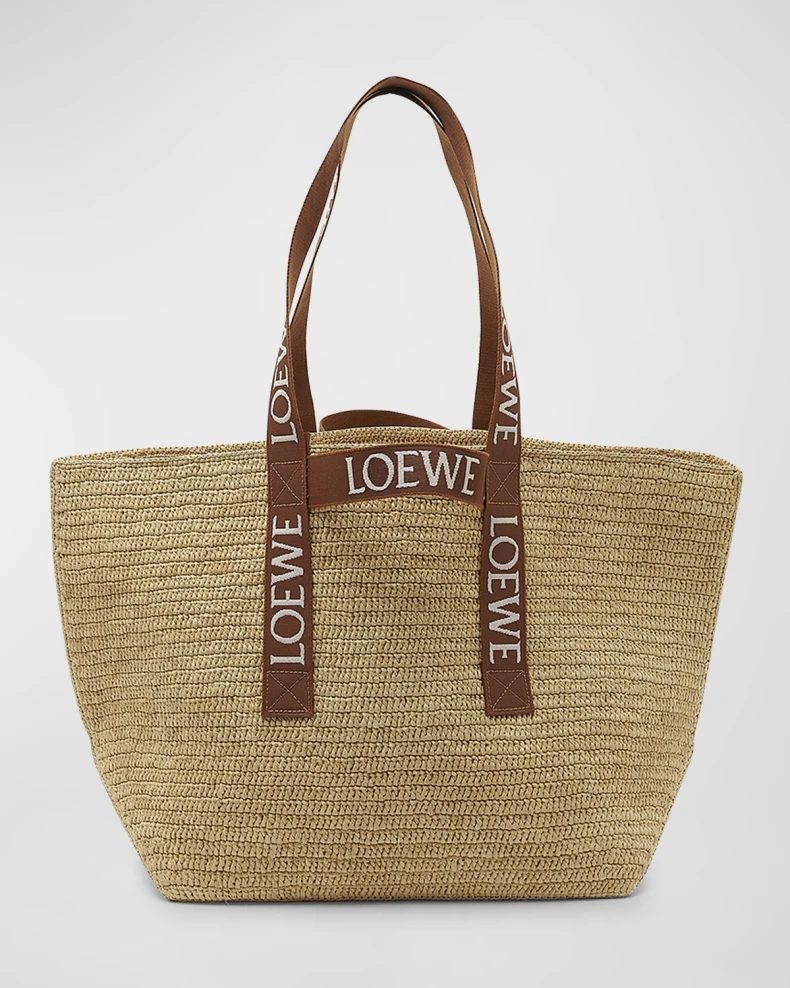 Beige and tan Loewe Fold Raffia Shopper Tote Bag 