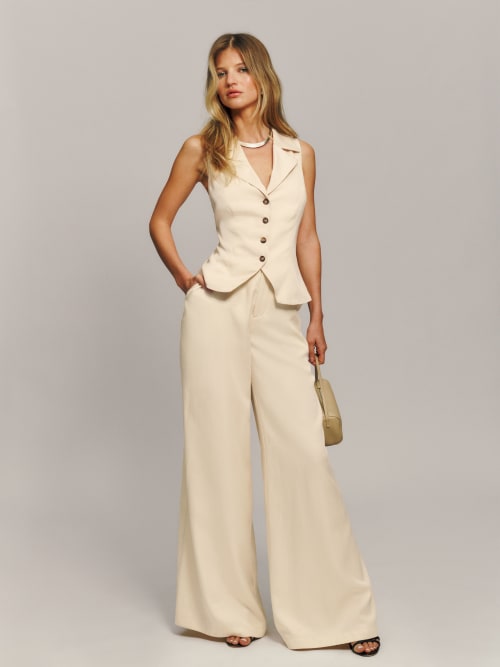 Beige Reformation Taryn Two Piece, including button-up vest and wide-leg trousers