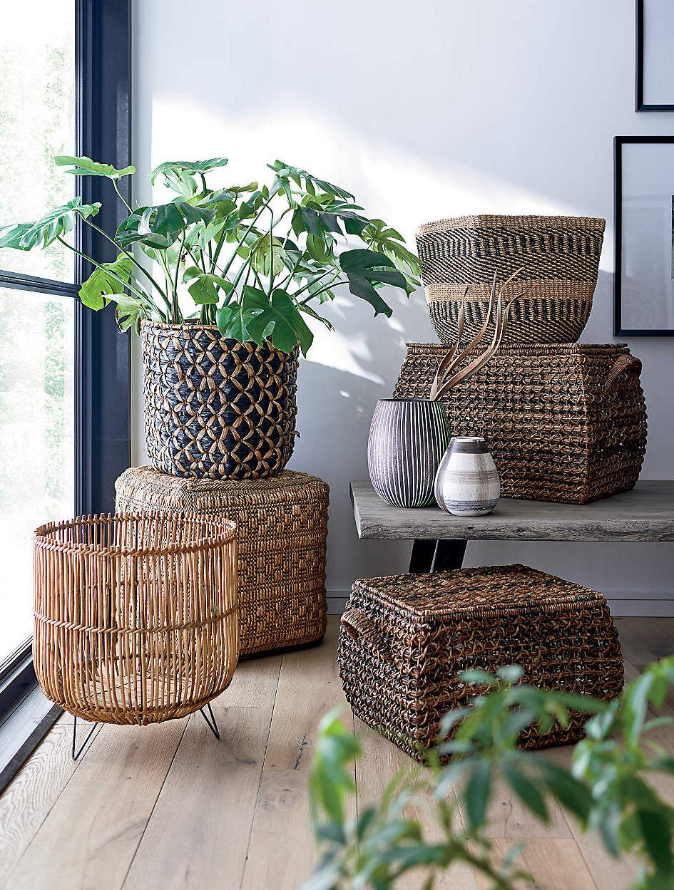 Rattan woven storage baskets and plants