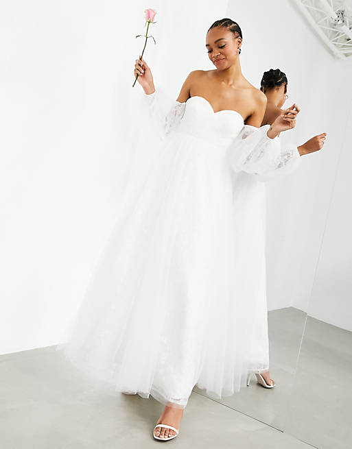 Long-sleeve bardot bridal dress