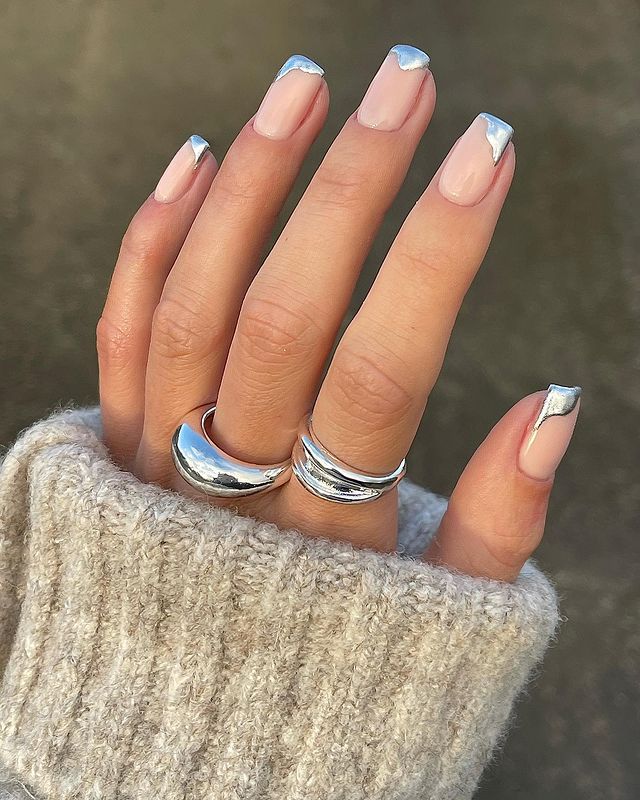 Short silver French tip nails