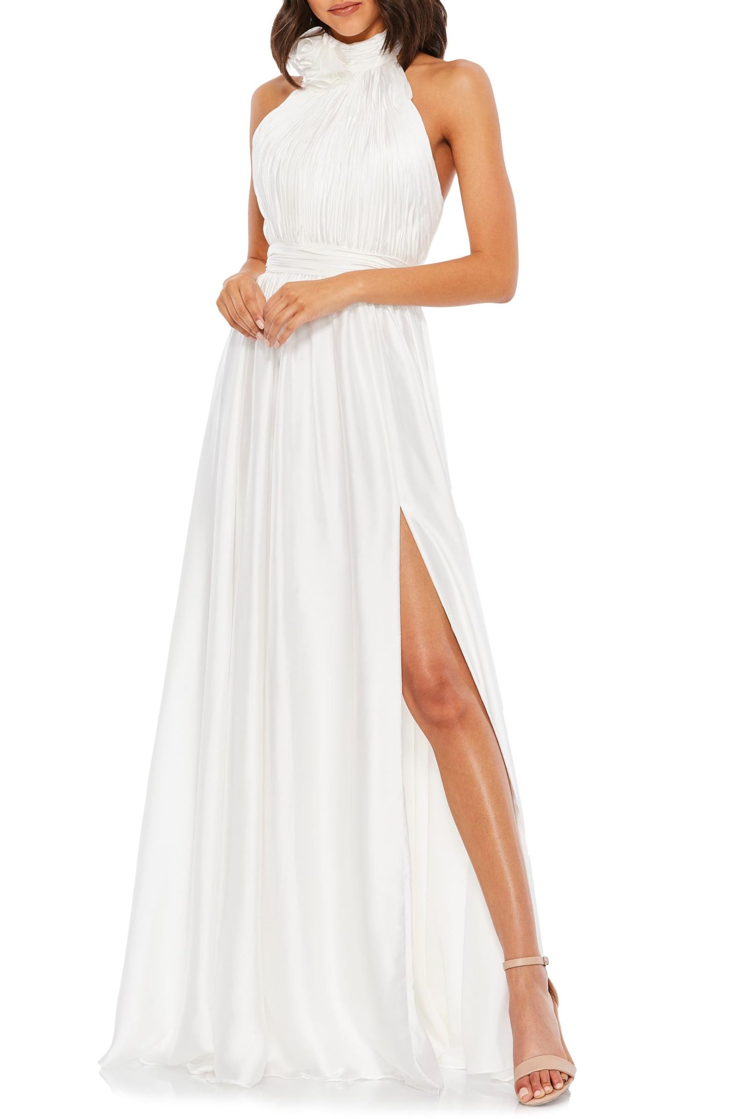 Affordable high neck halter wedding gown with thigh high slit