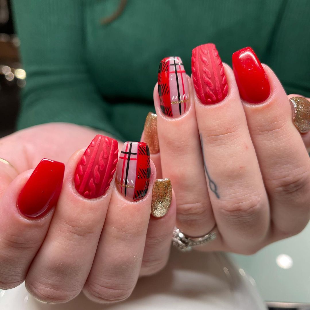 Deep red plaid sweater nails