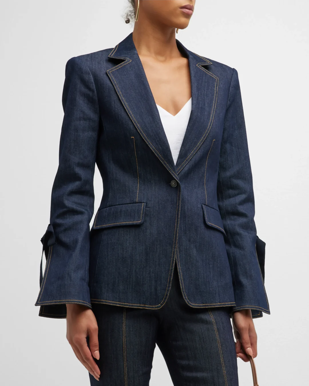 Cinq a Sept Lou Tie-Cuff Topstitched Denim Blazer