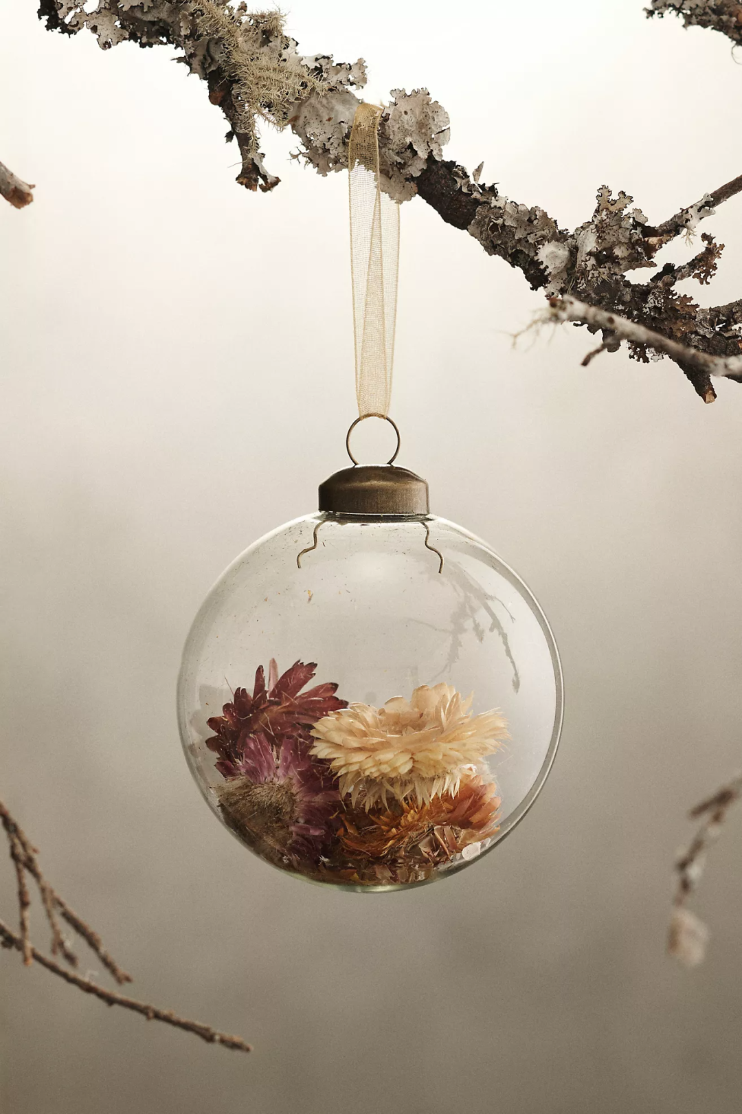 Bohemian Dried Strawflower Filled Glass Globe Ornament