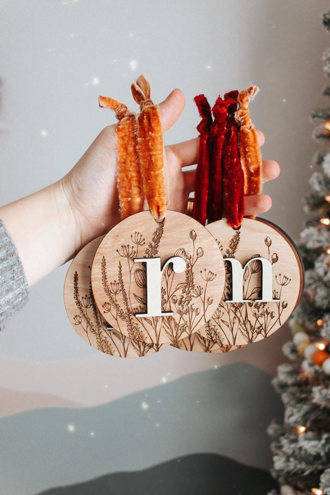 Boho Wooden Floral Christmas Ornaments