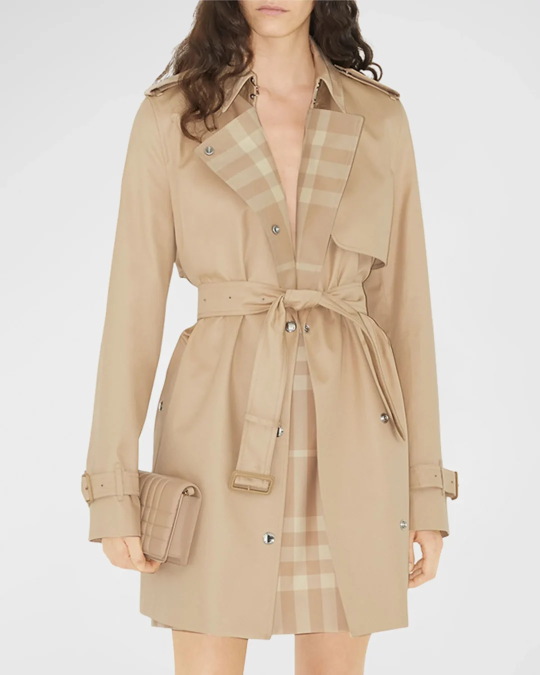 Burberry Sandridge Check-Lined Belted Short Trench Coat