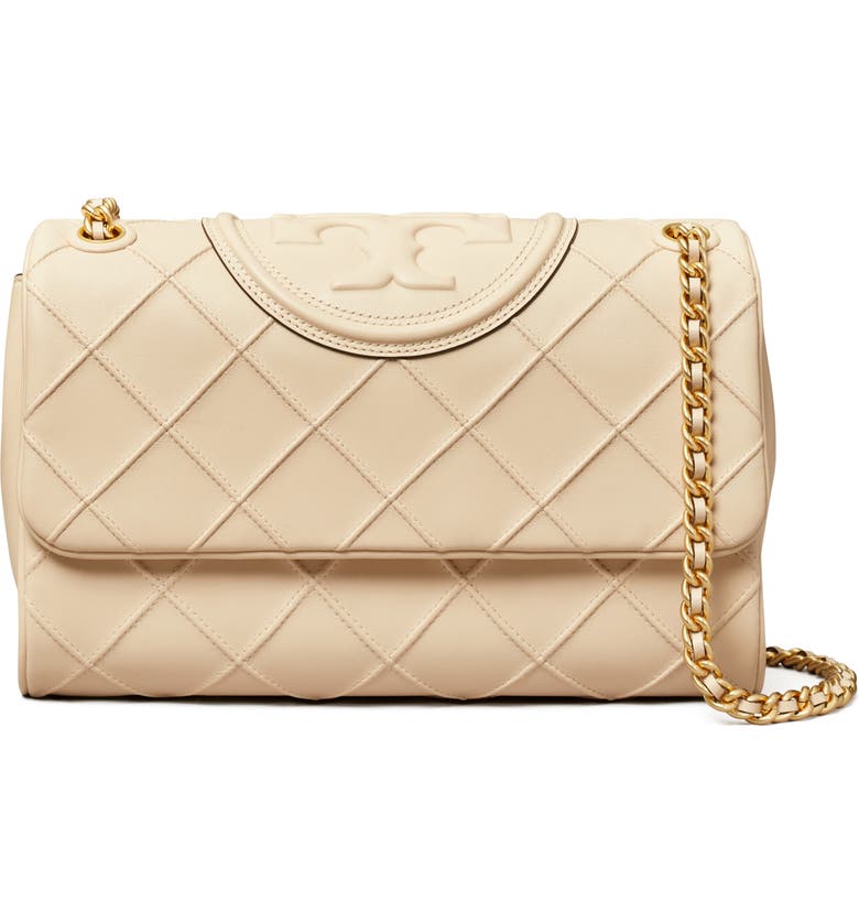 Beige Tory Burch Fleming Soft Convertible Leather Shoulder Bag 