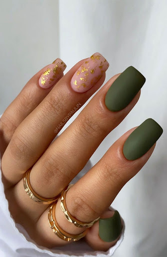 Cute olive green nails with gold flakes