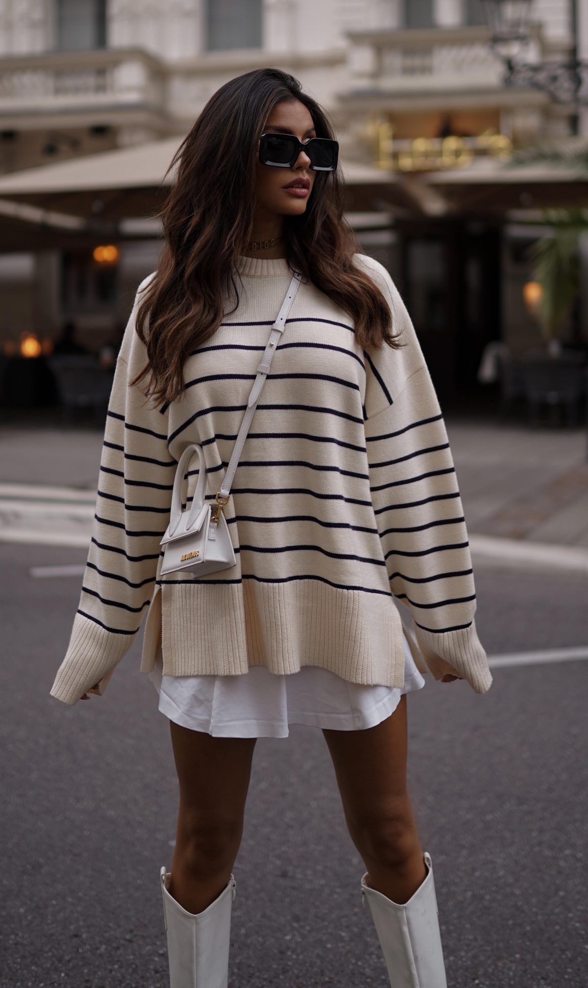 White striped sweater outfit with white boots.