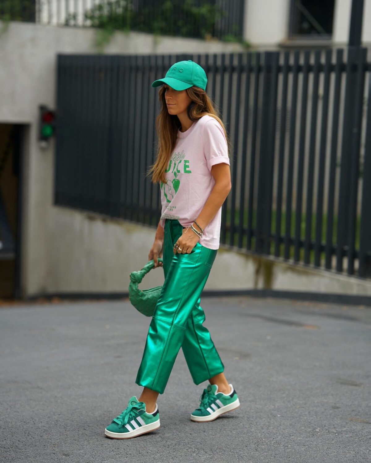 Casual outfits with green metallic pants outfit.