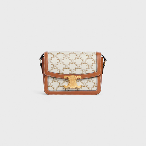 White, beige and tan Celine Teen Triomphe Bag In Triomphe Canvas And Calfskin 