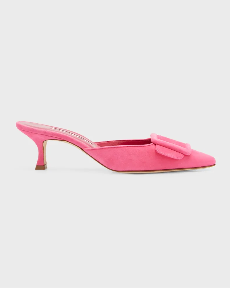 Barbie pink Manolo Blahnik Maysale Suede Buckle Mules 