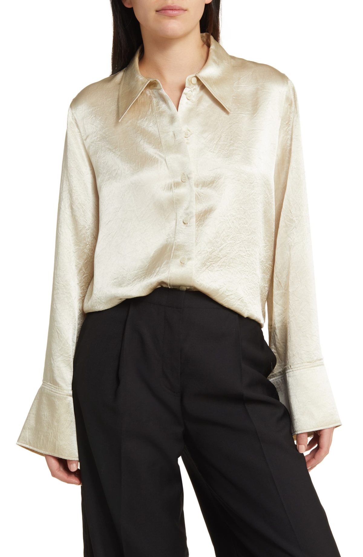 COS Wide Sleeve Crinkle Satin Button-Up Shirt