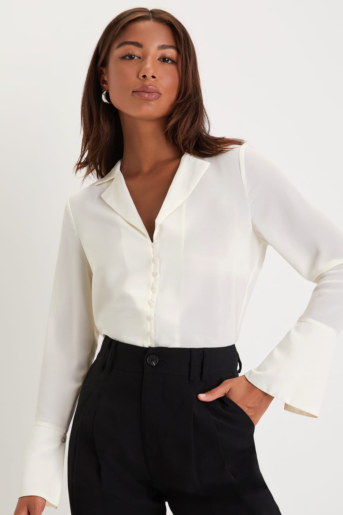 Lulus Sophisticated Presence Ivory Collared Long Sleeve Button-Up Top