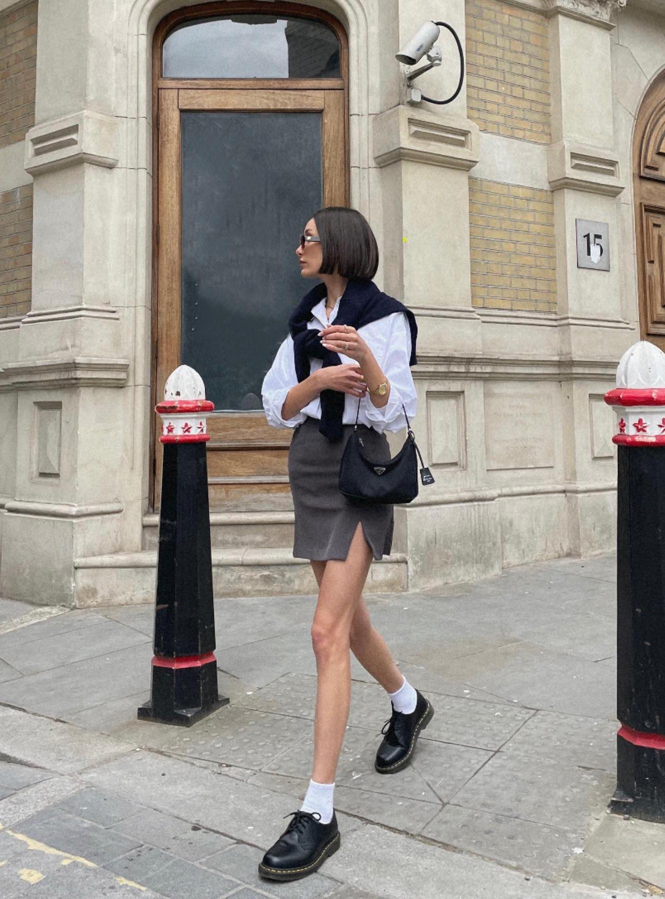 Preppy outfit with short Doc Martens shoes.