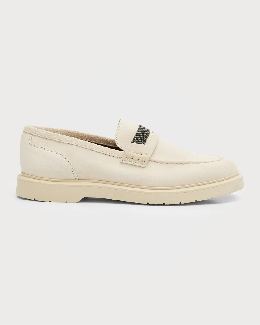 Ivory Brunello Cucinelli Suede Monili Casual Loafers 