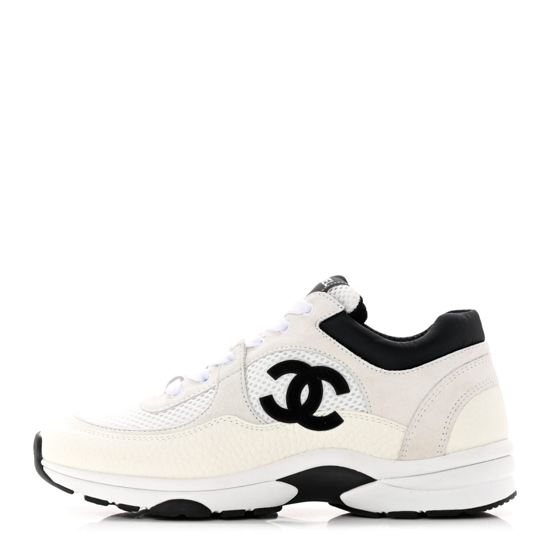 Black and white Chanel Mesh Suede Calfskin Grained Calfskin Womens CC Sneakers 