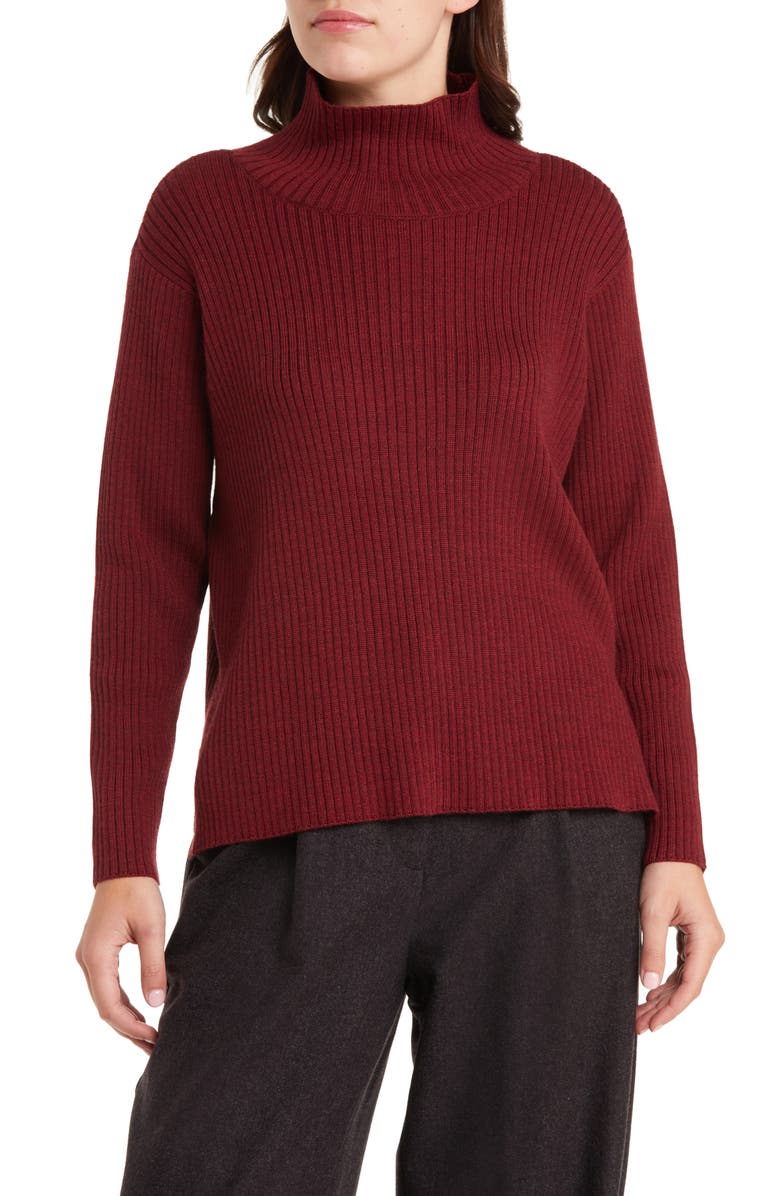 Burgundy Eileen Fisher Mock Neck Wool Ribbed Sweater 
