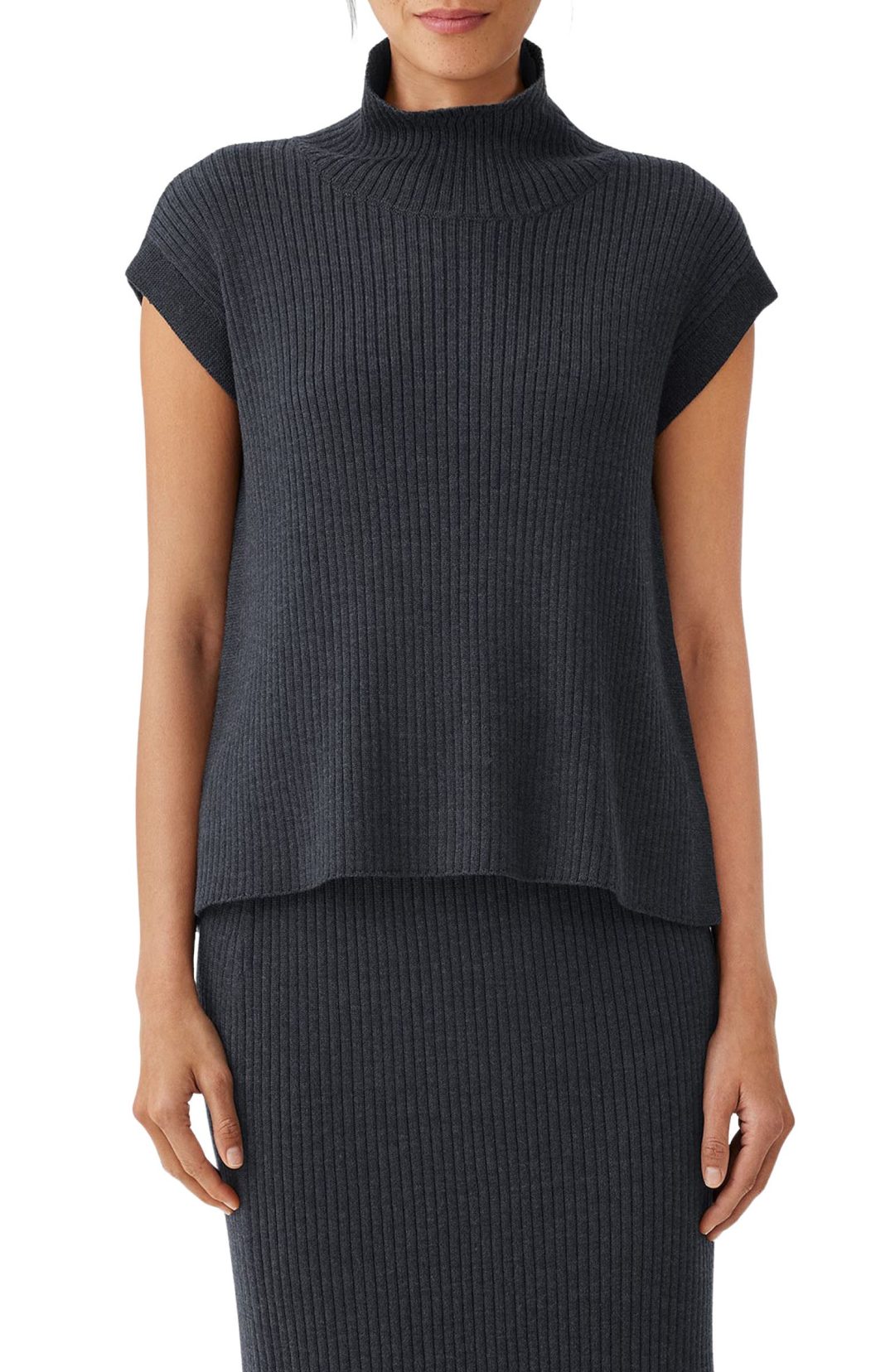 Dark grey Eileen Fisher Turtleneck Merino Wool Short Sleeve Sweater 