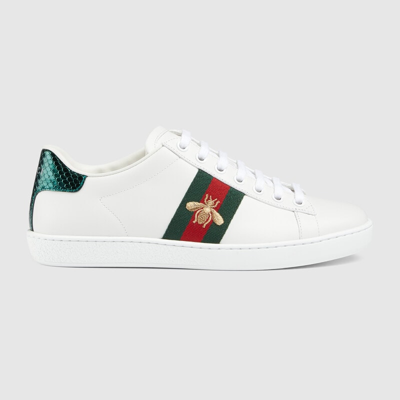 White, red, and green Gucci Women's Ace sneaker with bee 