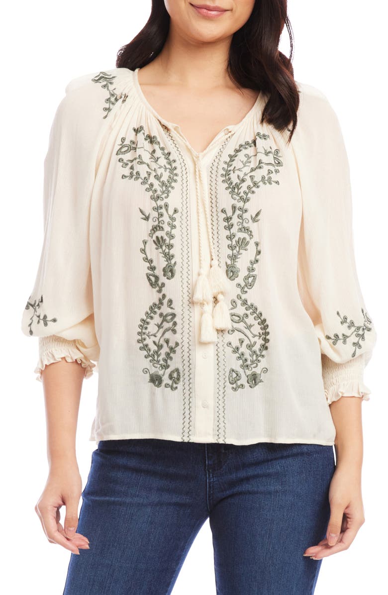 Ivory Karen Kane Embroidered Tie Neck Peasant Top 