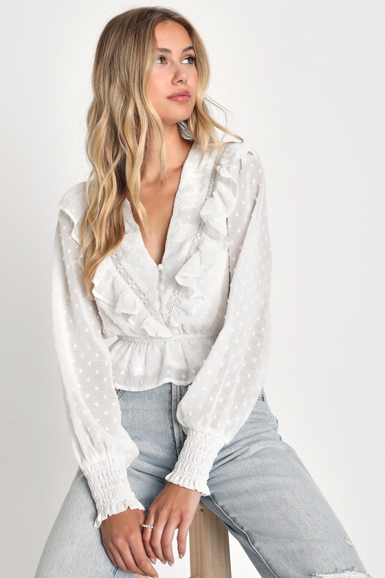 White Lulus Whimsical Charm White Swiss Dot Ruffled Long Sleeve Top 