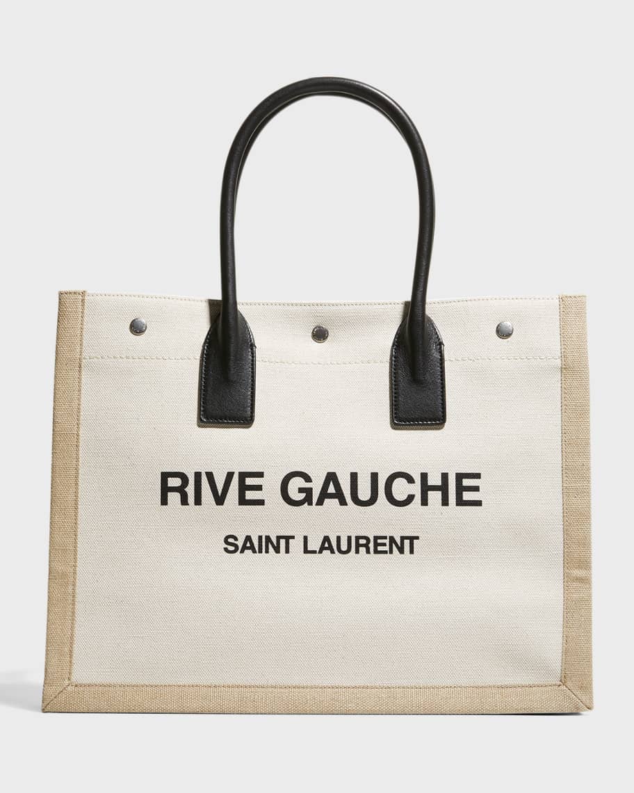 Beige and black Saint Laurent Rive Gauche Small Canvas East-West Tote Bag 