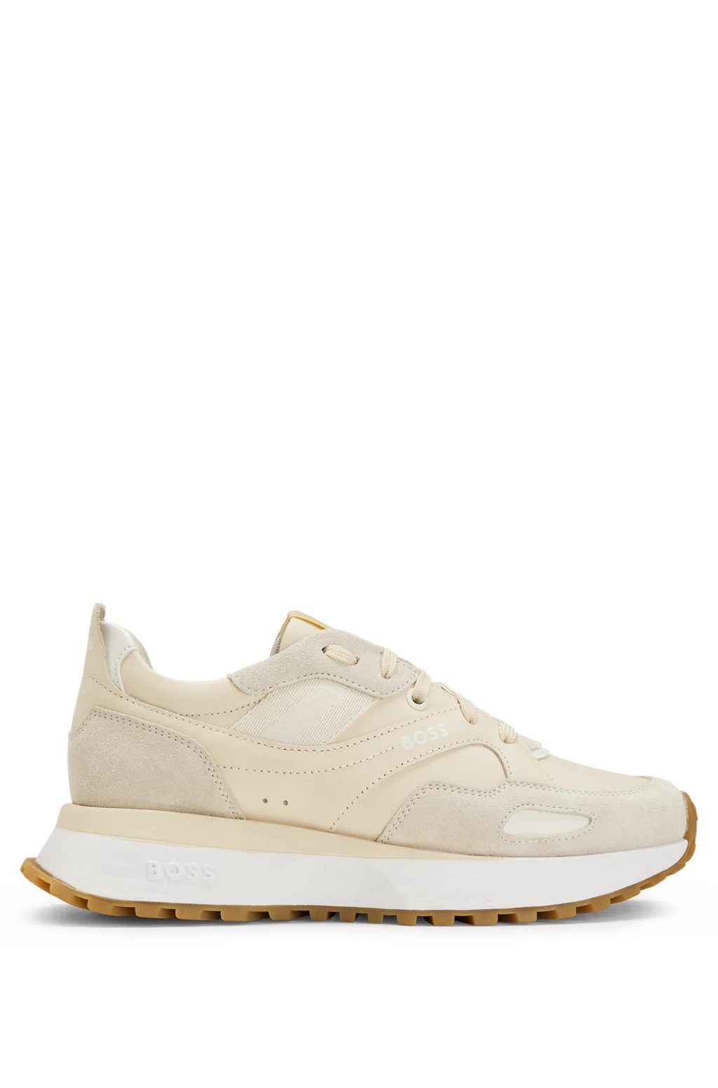 Beige BOSS Mixed-Material Lace-Up Trainers With Leather Facings 