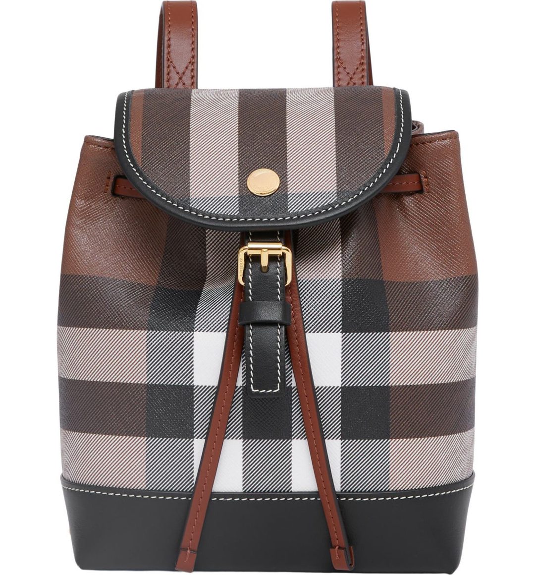 Brown, black, and white Burberry Micro Check Canvas Backpack 