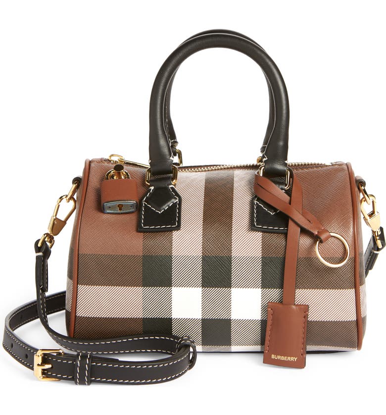 Dark brown, black, and white Burberry Mini Check Canvas & Leather Bowling Bag 