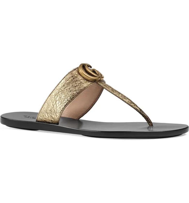 Gold Gucci GG T-Strap Sandal 