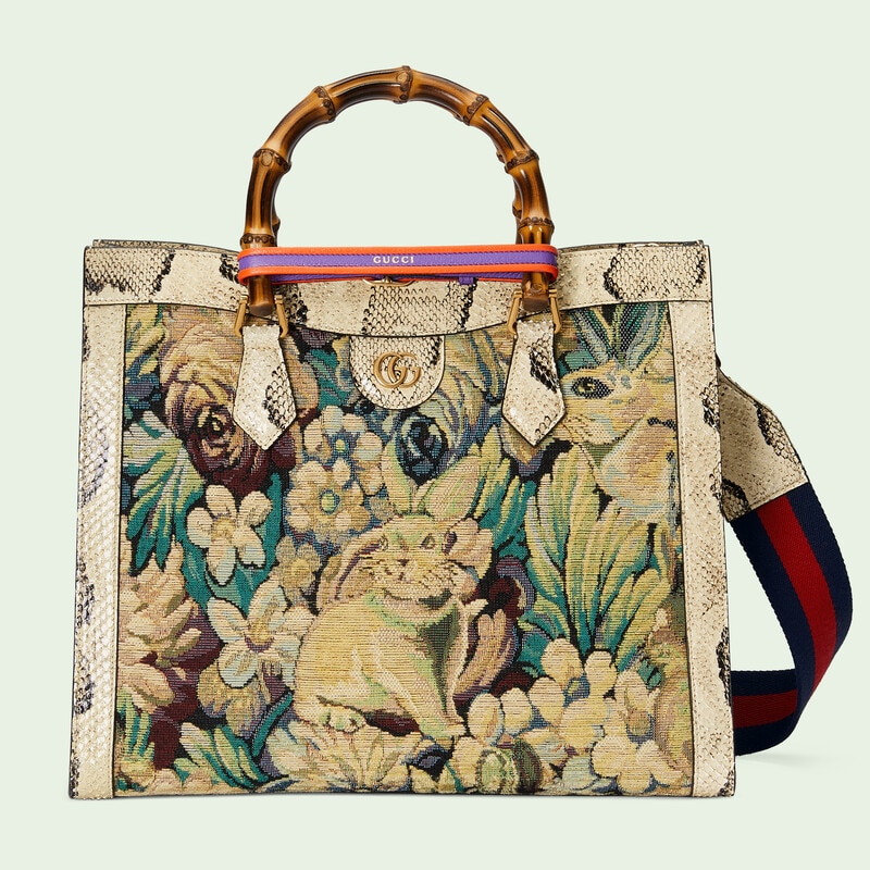 Beige, green, pink, red, and navy Gucci Diana python medium tote bag 