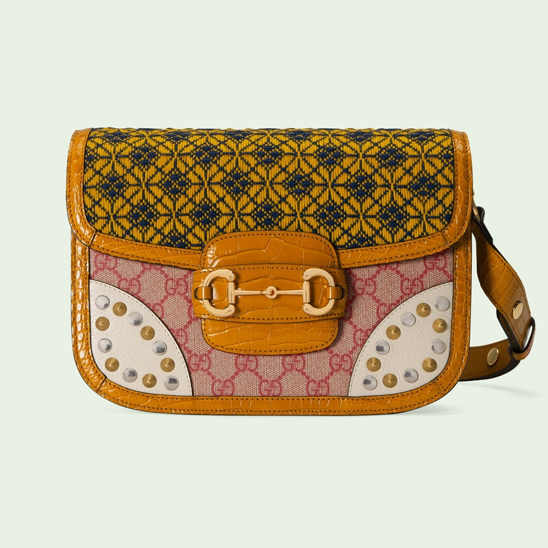 Orange, yellow, black, pink and white Gucci Horsebit 1955 crocodile shoulder bag 