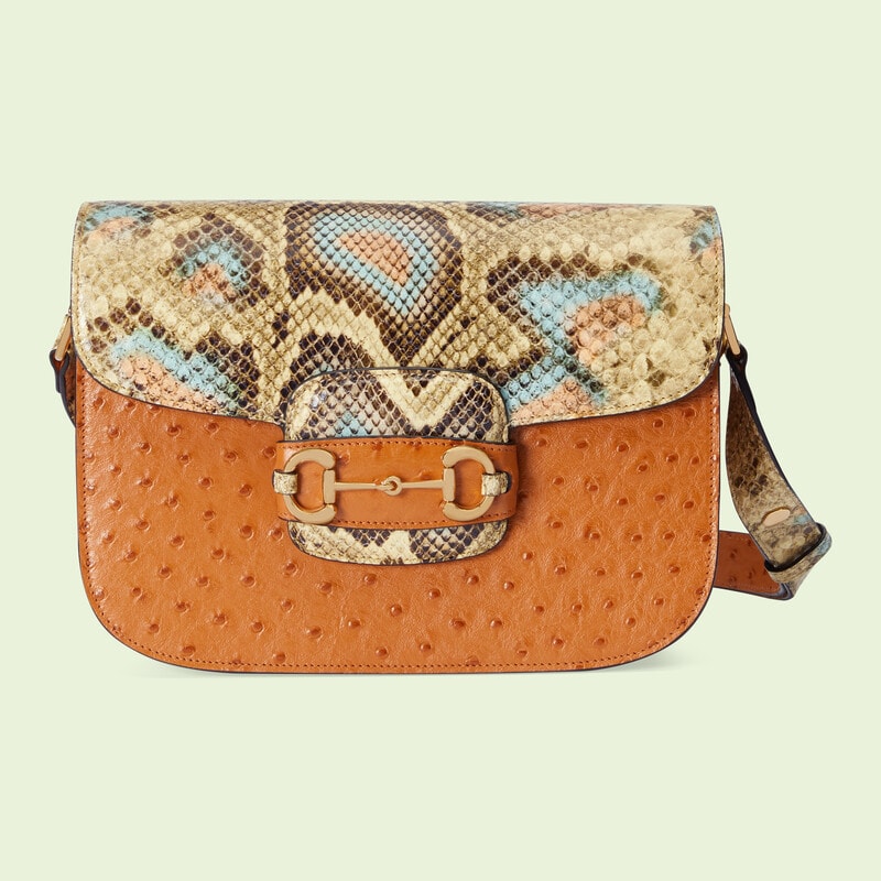 Orange, beige, blue, and brown Gucci Horsebit 1955 ostrich shoulder bag 