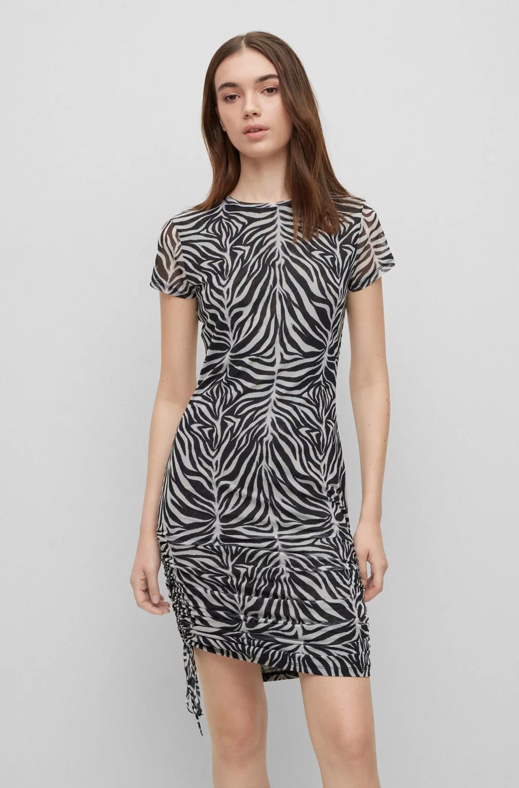 Black and white HUGO Slim-Fit Dress In Printed Mesh With Drawstring Sides 