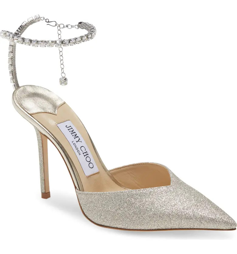 Silver glitter Jimmy Choo Saeda Glitter Crystal Ankle Strap Pointed Toe Pump 