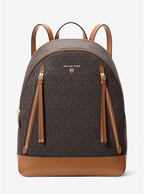 Best designer bags for school and college: Brown and Tan Michael Kors Brooklyn Large Logo Backpack 