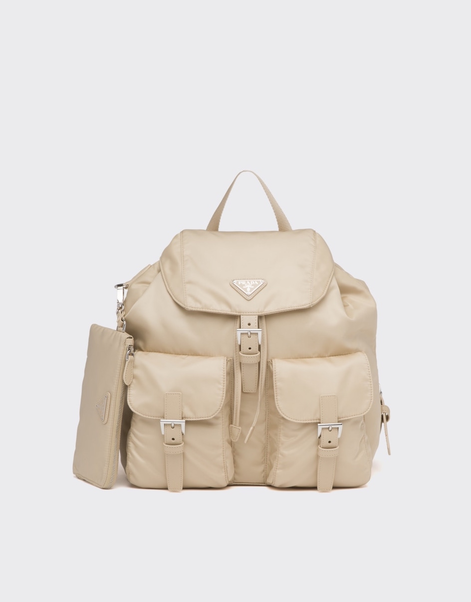 Best designer bags for school and college: Beige Prada Small Buckle Flap Nylon Backpack 