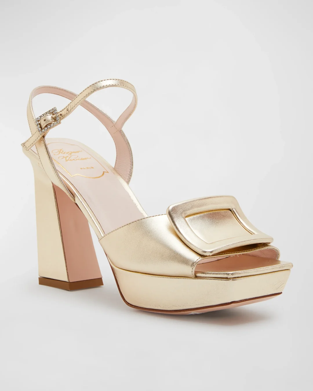 Roger Vivier Buckle Metallic Leather Ankle-Strap Sandals