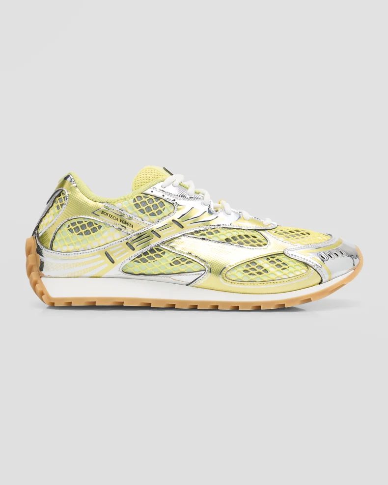 Yellow and silver Bottega Veneta Orbit Metallic Net Runner Sneakers 