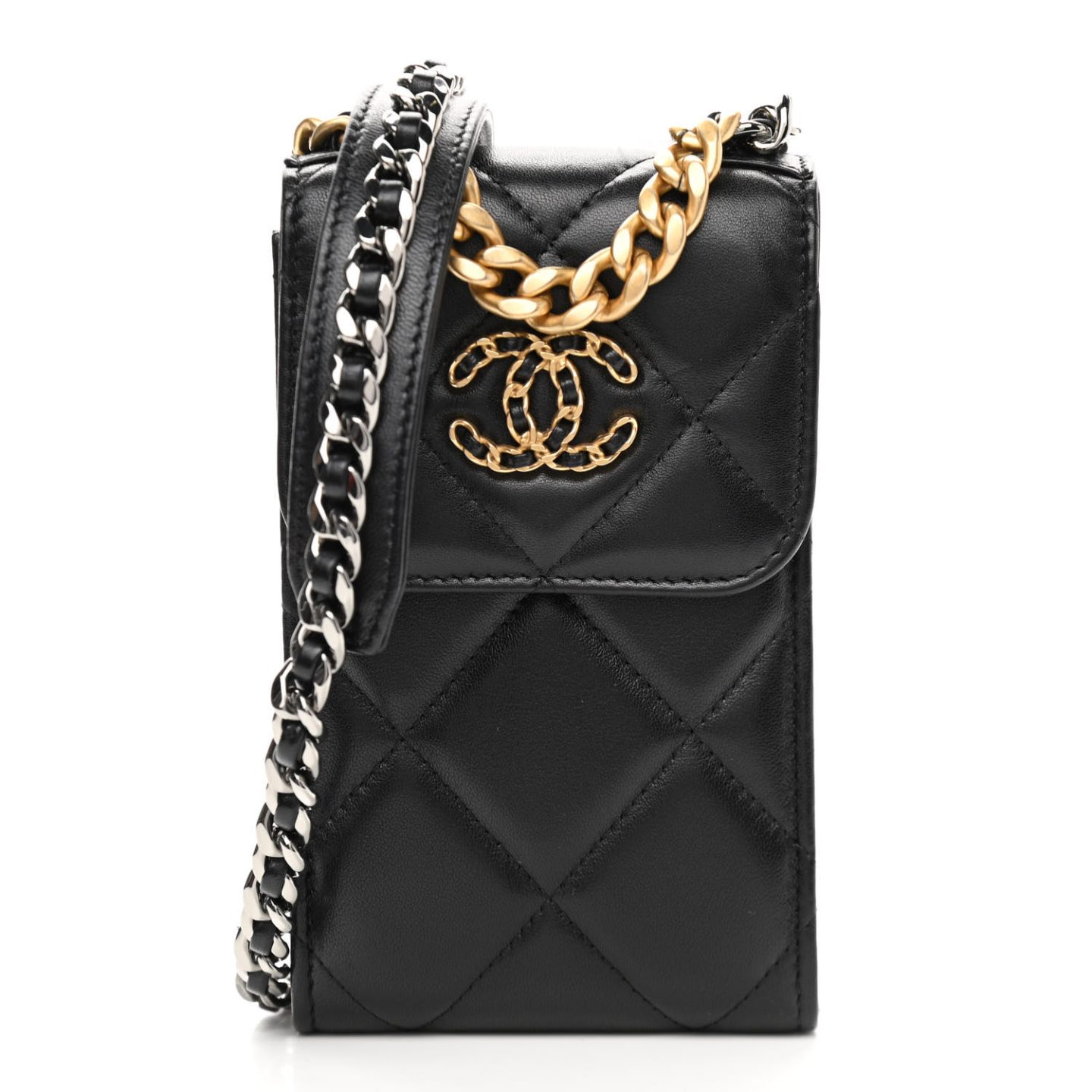 Black Chanel Lambskin Quilted Chanel 19 Phone Holder With Chain 