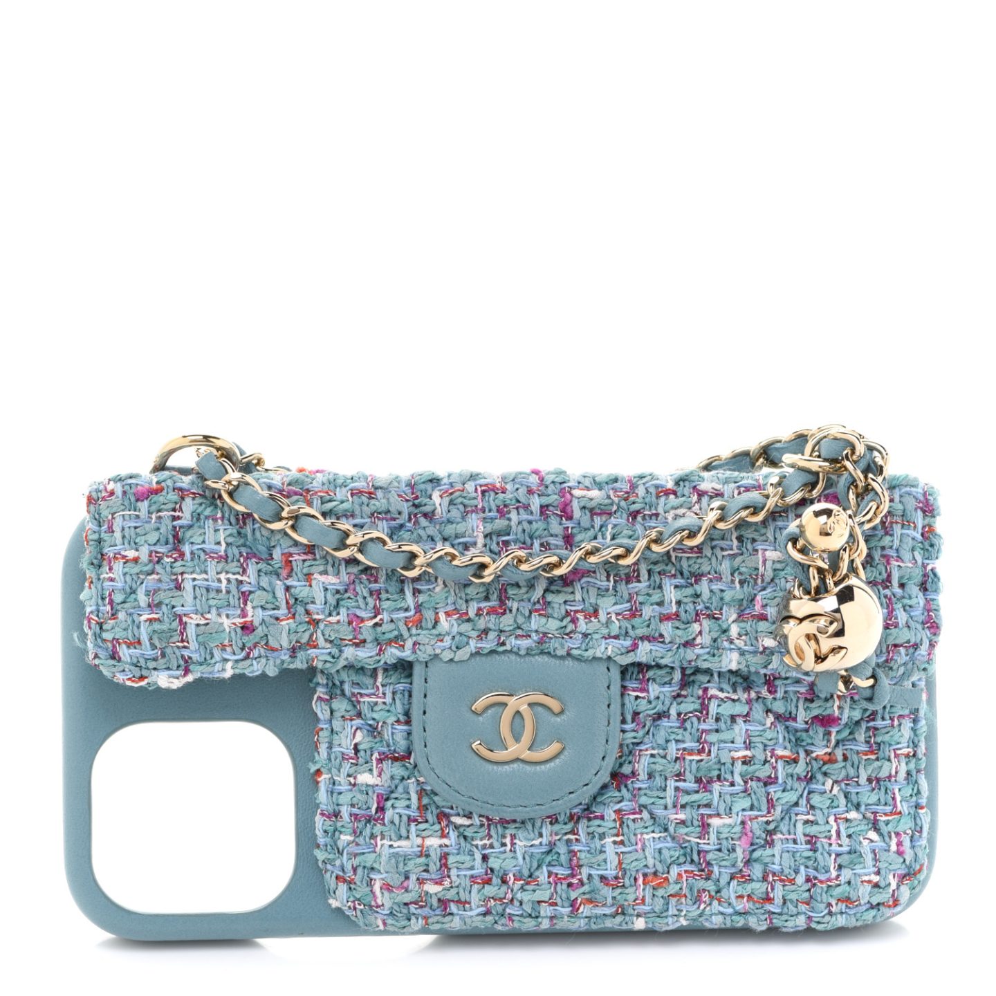 Blue and gold Chanel Tweed Quilted iPhone XII Pro Case With Chain 